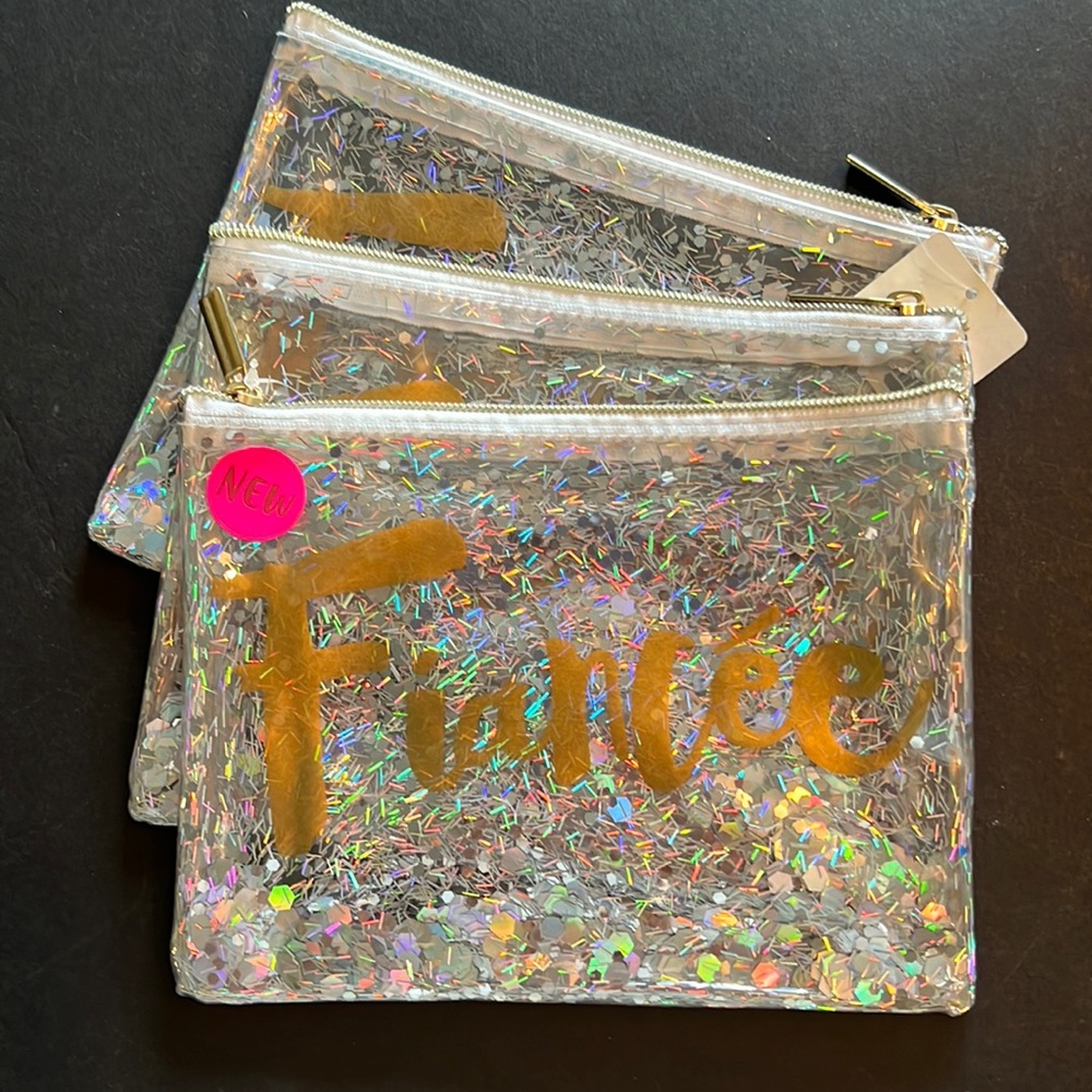 “Fiancée” gold on silver iridescent sequin & glittery cosmetic bag w/zipper-NWT